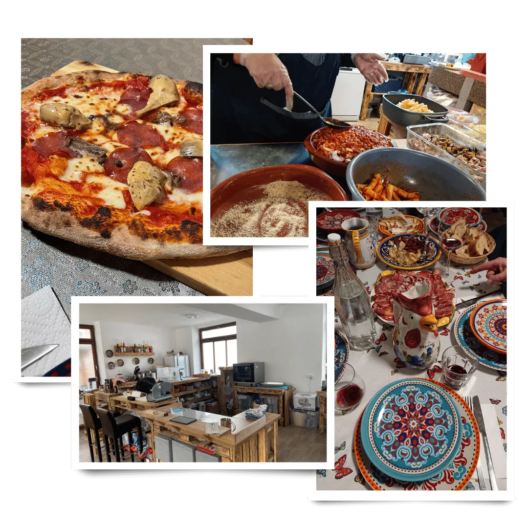 Miteinander kochen und genießen - Hier sehen Sie unseren Arbeitsraum und gedeckten Tisch Miteinander kochen und genießen - Hier sehen Sie unseren Arbeitsraum und gedeckten Tisch
